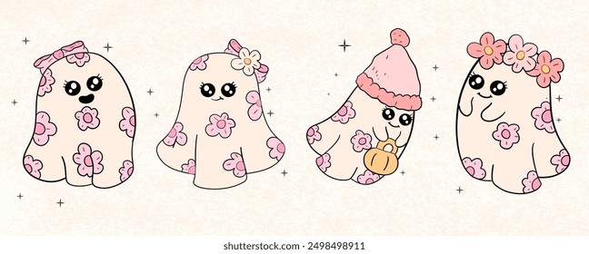 Pink Ghost , Halloween,  Cute Pink Ghost, cute ghost Halloween with flower, spooky cartoon, A set of hand-drawn Halloween icons and illustrations, groovy clipart, retro ghost