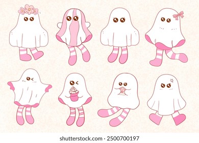 Pink Ghost , Halloween, Cute Pink Ghost, cute ghost Halloween with flower, spooky cartoon, A set of hand-drawn Halloween icons and illustrations, groovy clipart, coquette ghost