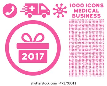 Pink Gift 2017 Year vector rounded icon. Image style is a flat icon symbol inside a circle, white background. Bonus set is 1000 medicine business symbols.