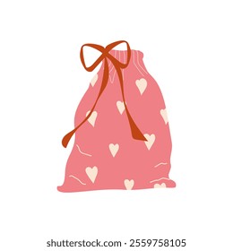 A pink gift bag decorated with hearts and a red bow. Festive Valentine's day gift design. A flat vector illustration isolated on a white background.