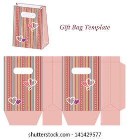 Pink gift bag template with colorful stripes and hearts. Vector illustration.