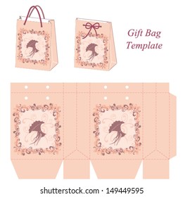 Pink Gift Bag Template With Decorative Frame And A Bouquet. Vector Illustration.