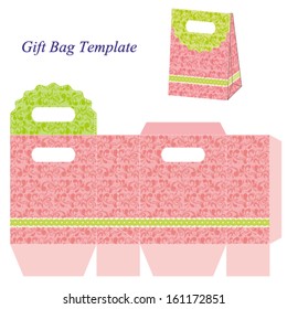 Pink gift bag template with floral pattern. Vector illustration.