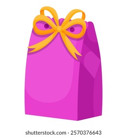 Pink gift bag with yellow bow. Vector illustration of cartoon flat cute color present isolated on white background. Christmas or birthday present, anniversary or Valentine`s day gift box.