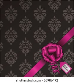 Pink gift bow on black seamless pattern.