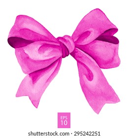 Pink Gift Bow. Watercolor Drawing. Vector Illustration