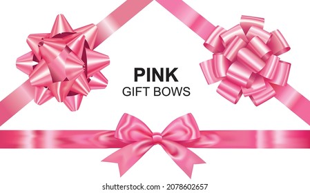 Pink gift bows set or top view ribbon isolated on white background, Decorative realistic design, Vector illustration.