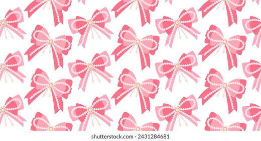 Pink gift bows vector pattern. Pattern with bowknot on white background. Bow with ribbon and beads seamless pattern