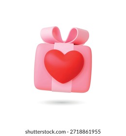ícone 3d da caixa de presente rosa. Presente isolado com arco e coração vermelho. Surpresa por amor, namorada, namorado. Elemento de renderização de estilo romântico para dia dos namorados, símbolo vetorial