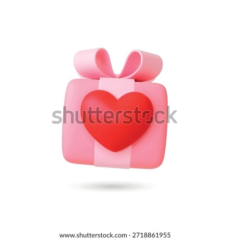 Pink gift box 3d icon. Isolated present with bow and red heart. Surprise for love person, girlfriend, boyfriend. Romantic style render element for valentine day, vector symbol