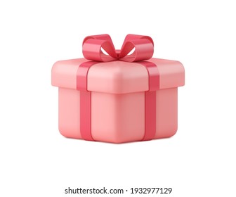 Pink gift box 3d vector icon isolated on white background. Voluminous holiday surprise tied with realistic red ribbon. Colorful event of holiday sale and birthday celebration. 