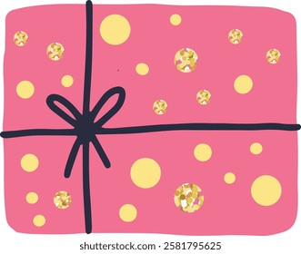 Pink gift box adorned with shimmering gold glitter and a dark ribbon, waiting to be unwrapped for a birthday or Christmas celebration, offering a festive surprise in a simple vector illustration
