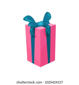 Pink gift box with big blue bow. Present for Birthday. Cartoon icon in modern flat style. Sale or shopping concept. Vector decorative element for greeting card