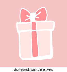 
Pink gift box with big bow, sticker for Valentine's Day and wedding, Christmas and birthday present, hand draw, vector sticker in doodle style.