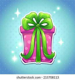 Pink gift box with big green bow. Beautiful present sticker with sparkles on the blue background, cute element for your design