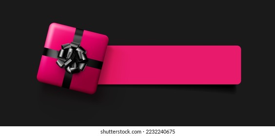 Pink gift box with black bow on pink line. Vector holiday illustration.