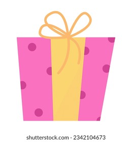 Caja de regalo rosa con ilustración vectorial de arco. Dibujo de dibujos animados con cinta amarilla aislada sobre fondo blanco. Navidad, cumpleaños, concepto de celebración