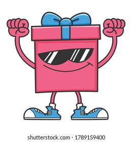Pink gift box cartoon with sunglasses isolated on white