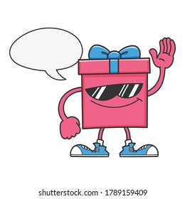 Pink gift box cartoon with sunglasses isolated on white