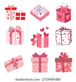 Pink gift box collection. Vector wrapped presents with ribbon bows for Valentine's Day surprise design isolated on white