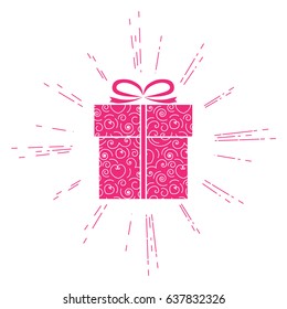 Pink gift box with curled pattern, ribbon, bow and sunburst on white background. Vector flat style. Elegant design for holiday, celebration, anniversary events, surprise, birthday, valentine day.