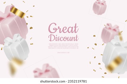 Pink gift box decorative festive object and gold sequins confetti on white background