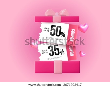 Pink gift box with discount coupons showing 50% and 35% off, decorated with hearts, representing valentine sales, promotions, and special offers. 3d gift voucher in vector illustration