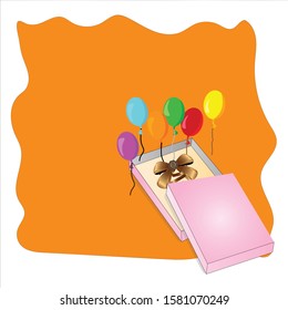 A pink gift box with a golden bow inside With balloons floating in various colors on an orange background