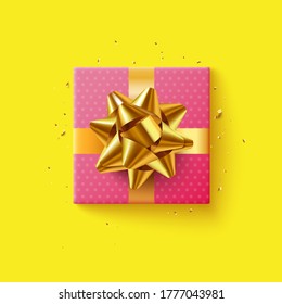 Pink gift box with golden ribbon, top view, On yellow background. Vector illustration