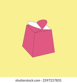 Pink gift box with heart shaped handle vector illustration on yellow background
