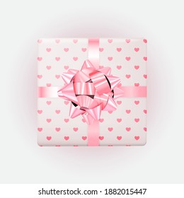 Pink Gift Box with Hearts, Bow and Ribbon. Vector Illustration