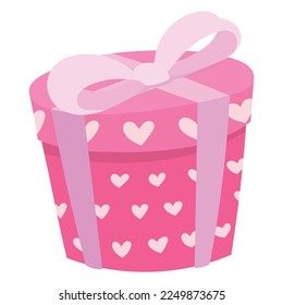 Caja de regalo rosa con corazones y un arco.