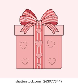 Pink gift box illustration featuring a striped bow with hearts. The box itself also has heart-shaped patterns on a pastel pink backdrop, Valentine's Day themed.
