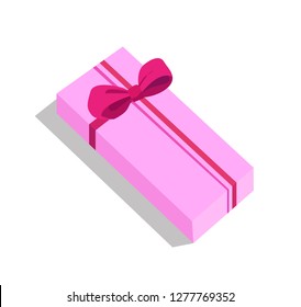 Pink gift box isometric icon with ribbon bow and shadow. Isolated on white background vector illustration 