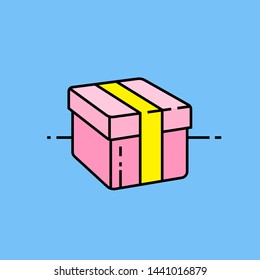 Pink gift box line icon isolated on blue background. Valentine parcel symbol. Simple present sign. Vector illustration.