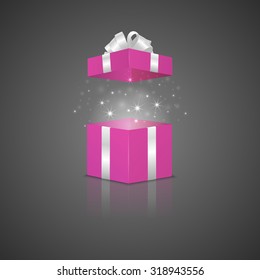 Pink gift box with a magic effect and reflection. Vector EPS10 illustration.