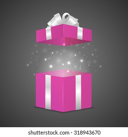 Pink gift box with a magic effect. Vector EPS10 illustration.