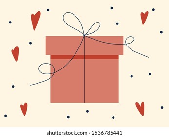 Pink gift box on background with hearts. Present, holiday, surprise. Vector illustration
