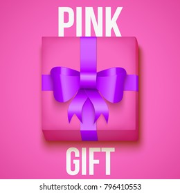 Pink gift box on yellow background. Holiday or shopping sale advertisement. Editable Vector Illustration