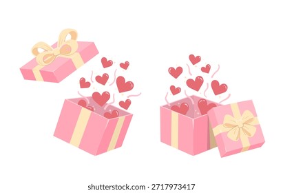Caja de regalo rosa abierta con corazones, confeti y elemento de destellos. Lindo concepto romántico ilustración plana.