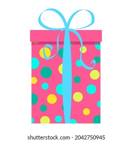 pink gift box with a pattern of circles and a ribbon with a bow. vector illustration isolated on white background. multicolored