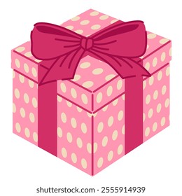 Pink gift box with a polka dot pattern and a large ribbon bow on top. Perfect for holiday celebrations, birthday surprises, Valentine's Day, Christmas, and New Year. Festive packaging concept.
