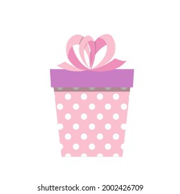 Pink gift box with polka dots. Funny birthday present in bright colors with rosy bow. White isolated vector stock illustration EPS 10. 