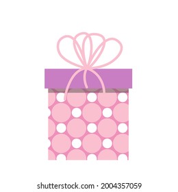 Pink gift box with polka dots. Funny birthday present in bright colors with rosy bow. White isolated vector stock illustration EPS 10. 