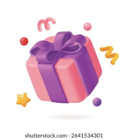 Pink gift box with purple ribbon floating among colorful decorative elements, soft 3d cartoon style on white background. Concept of celebration and surprise. Vector illustration