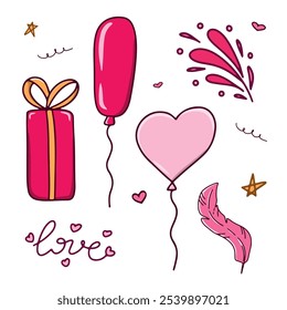 A pink gift box, a red balloon, a pink heart, and various abstract shapes and splashes in pink and red colors, along with some stars. a set of isolated elements for birthday, February 14th, and other 