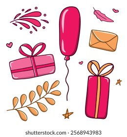 A pink gift box, a red balloon, a pink heart, and various abstract shapes and splashes in pink and red colors, along with some stars. a set of isolated elements for birthday, February 14th, holidays