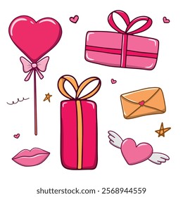 A pink gift box, a red balloon, a pink heart, and various abstract shapes and splashes in pink and red colors, along with some stars. a set of isolated elements for birthday, February 14th, holidays