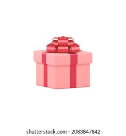 Caja de regalo rosa con ilustración vectorial de plantilla 3d con arco rojo. Paquete actual feminista realista aislado en blanco