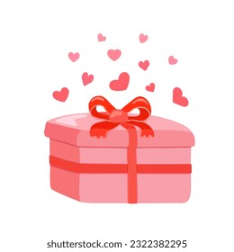 Pink gift box with a red bow with hearts around it on a white isolated square background. Valentine's Day and Women's Day. Romance. Individual elements and icons. Vector illustration.